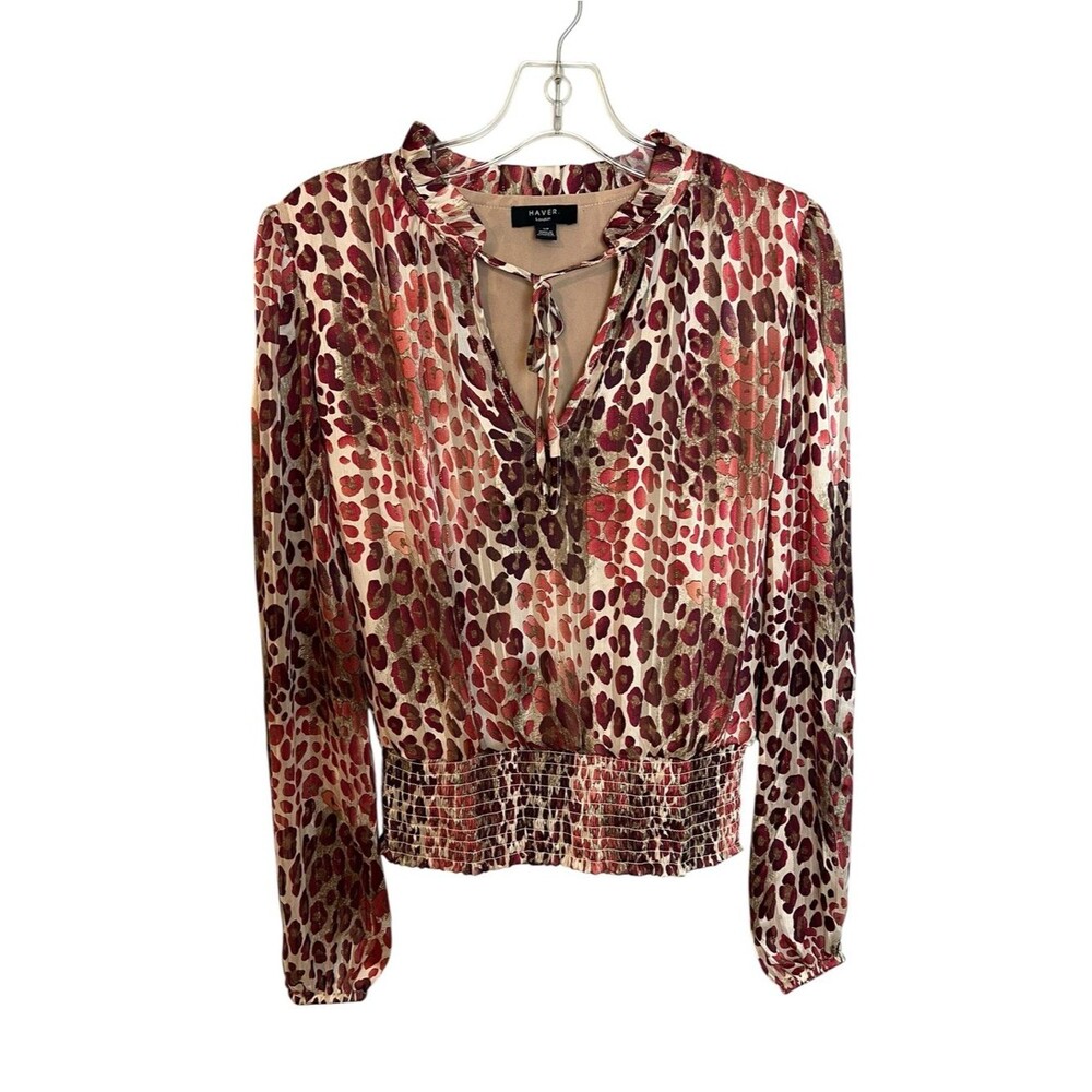 Haver London Leopard Print Metallic Chiffon Smocked Blouse Tie Neck Small